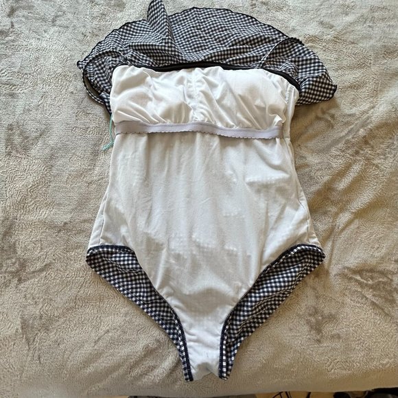 Kona Sol navy and white gingham pattern 1 piece printed swim suit Size L - Picture 4 of 8